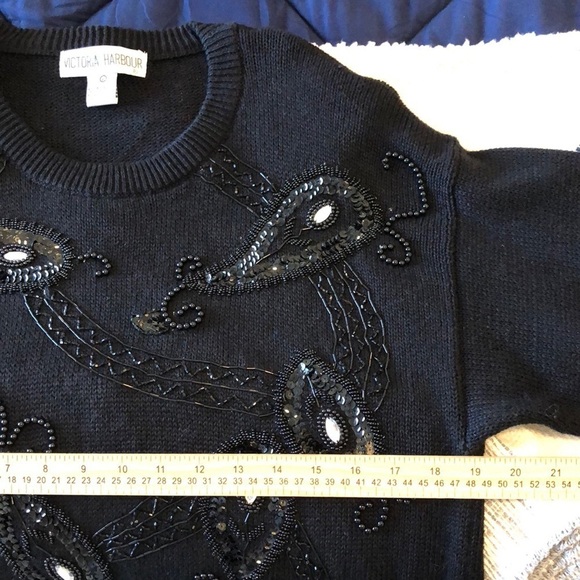 VTG Victoria Harbour Sweater Sz L Black Ramie Bejeweled Beads Crew Neck Goth - Picture 2 of 9